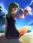  face green_hair hama2224 highres looking_back one-piece_swimsuit original sitting solo swimsuit tan tanline towel wet 