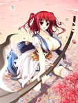  ashermes breasts cleavage coin hair_bobbles hair_ornament huge_breasts onozuka_komachi red_eyes red_hair redhead scythe short_hair solo touhou twintails 
