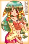 grandia grandia_i green_hair hair_ornament hair_tubes jewelry midriff navel necklace open_mouth pointing solo title_drop wink yason 