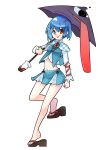  adapted_costume alternate_costume bad_id blue_eyes blue_hair flelincw geta heterochromia highres karakasa karakasa_obake midriff miniskirt red_eyes short_hair skirt solo tatara_kogasa tongue touhou transparent_background umbrella 