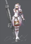  armor belts gloves lance monster_hunter red_eyes simple_background thigh-highs weapon white_hair 