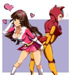  2girls aphrodite_a ass-to-ass blush bodysuit breasts brown_eyes brown_hair cleavage embarrassed gloves hairband hand_holding heart helmet hime_cut holding_hands long_hair mazinger_z mecha_musume oldschool personification skirt smile xinjing yumi_sayaka 