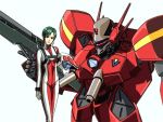  bodysuit earrings flightsuit green_hair gun gunpod helmet jewelry macross macross_7 mecha meltrandi milia_jenius millia_jenius official_art oldschool pilot_suit production_art rifle short_hair simple_background u.n._spacy vf-17 weapon zentradi 