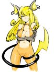  blonde_hair breasts choker cleavage crossed_arms curly_hair elbow_gloves gloves grin hair_over_one_eye long_hair navel personification pokemon raichu simple_background smile solo tail white_background xinjing yellow_eyes 