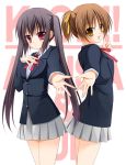  back-to-back black_hair brown_eyes brown_hair english hirasawa_ui k-on! long_hair nakano_azusa outstretched_arm outstretched_hand ponytail reaching red_eyes school_uniform short_hair tomosuke twintails 