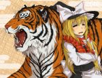  blonde_hair blush bow closed_eyes crossed_arms fangs hair_bow hat kirisame_marisa leaning long_hair open_mouth scarf striped striped_scarf teeth tiger tongue touhou witch_hat yoglasses 