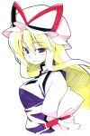  1girl blonde_hair hat marker_(medium) millipen_(medium) purple_eyes smile solo souto touhou traditional_media yakumo_yukari 