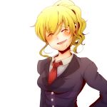  blush closed_eyes fuji_meno hand_on_hip necktie nr_fjmr ponytail simple_background smile tears umineko_no_naku_koro_ni ushiromiya_jessica 