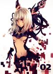  blonde_hair breast_clinging breasts digital_dissolve dissolving_clothes highres long_hair navel neon_trim ochakai_shinya original red_eyes single_glove solo under_boob underboob 