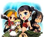  black_hair blonde_hair blue_eyes c_(neta) cleaver clenched_hands cow_bell dark_skin fists midriff monk_(sekaiju) navel princess_(sekaiju) sekaiju_no_meikyuu sekaiju_no_meikyuu_3 twintails 