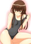  1girl amagami blush brown_eyes brown_hair kamizaki_risa long_hair one-piece_swimsuit school_swimsuit shouji_2 solo strap_slip swimsuit teasing undressing 