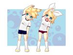  :d blue_eyes blush buruma fang gym_uniform kagamine_len kagamine_rin kayano_celica name_tag open_mouth shoes shorts siblings smile socks stretch twins uwabaki vocaloid 