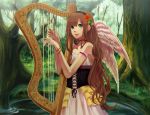  angel_wings bare_shoulders blue_eyes brown_hair choker dress flower forest hair_flower hair_ornament hairband harp highres instrument lips long_hair nail_polish nature original solo water wings xino 
