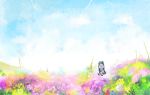  colorful flower flower_field green_hair hatsune_miku long_hair nonaka_yuu sitting sky smile solo vocaloid wariza 