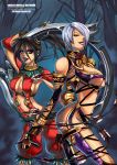  alternative_weapon black_hair breasts carlos_morilla cleavage earrings eyeshadow gauntlets hair_over_one_eye highres isabella_valentine jewelry lipstick mascara multiple_girls purple_eyes purple_hair ring_blade silver_hair smile soul_calibur soul_calibur_iv soulcalibur soulcalibur_iv suspenders sword tira violet_eyes weapon whip whip_sword 