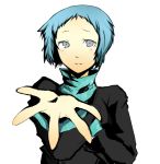  a.ringo green_hair grey_eyes open_mouth persona persona_3 reaching_out school_uniform short_hair simple_background smile solo tagme yamagishi_fuuka 