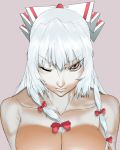  acht_auber bare_shoulders between_breasts brown_eyes close-up from_above fujiwara_no_mokou hair_ribbon kokorozashi_takashi long_hair looking_up nude ribbon silver_hair simple_background smile solo touhou wink 