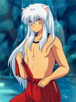  animal_ears dog_ears inuyasha inuyasha_(character) japanese_clothes jewelry kimono male necklace orange_eyes shirtless solo tennen_shiori topless undressing water waterfall waterfalls white_hair 