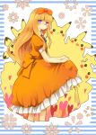  blue_eyes blush crossdressinging dress dress_lift hair_ribbon iku2727 pichu pikachu pokemon pokemon_(anime) ribbon satoko_(pokemon) satoshi_(pokemon) too_many_pikachu trap 