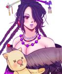  bare_shoulders beauty_mark braid cleavage doll dress eyeshadow female final_fantasy final_fantasy_x hair_ornament hair_over_one_eye long_hair lulu mole moogle necklace purple_hair purple_lips red_eyes sayusyouyu solo 