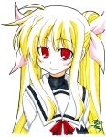  fate_testarossa hair_ribbon long_hair mahou_shoujo_lyrical_nanoha marker_(medium) millipen_(medium) red_eyes ribbon school_uniform shikishi souto traditional_media 