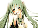  blush detached_sleeves green_eyes green_hair hatsune_miku headphones headset necktie portrait smile solo temari_(artist) twintails vocaloid 