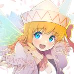 1girl :d blonde_hair blue_eyes blurry blush capelet depth_of_field dress eyebrows_visible_through_hair fairy fairy_wings hands_up happy hat lily_white long_hair long_sleeves looking_at_viewer open_mouth petals shiroi_karasu simple_background smile solo touhou white_background white_dress wings 