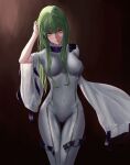  1girl bangs bodysuit breasts breasts_apart c.c. closed_mouth code_geass covered_navel green_hair hair_between_eyes hand_in_own_hair highres long_hair looking_at_viewer medium_breasts senz solo standing straight_hair thigh_gap very_long_hair white_bodysuit wide_sleeves yellow_eyes 