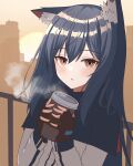  1girl :o animal_ear_fluff animal_ears arknights black_gloves black_hair black_jacket blush breath building coffee_cup cup disposable_cup eyebrows_visible_through_hair gloves highres holding holding_cup jacket kuwan4971 long_hair long_sleeves looking_at_viewer multicolored_hair orange_eyes outdoors railing skyscraper solo texas_(arknights) two-tone_hair upper_body white_jacket wolf_ears 