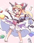  1girl :d bangs barefoot beer_can bloomers bow can closed_eyes cube cuffs cup eyebrows_visible_through_hair facing_viewer fang full_body glass_bottle hair_bow horn_ornament horn_ribbon horns ibuki_suika isu_(is88) long_hair low-tied_long_hair open_mouth orange_hair orb purple_skirt pyramid red_bow ribbon sakazuki shackles shirt skin_fang skirt smile solo tokkuri torn_clothes torn_sleeves touhou underwear white_shirt 