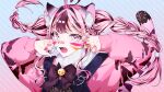  1girl animal_(vocaloid) animal_ear_fluff animal_ears bandaid bandaid_on_face bandaid_on_nose bangs braid brown_hair cat_ears eyebrows_visible_through_hair facepaint fang floating_hair highres indie_virtual_youtuber kemonomimi_mode long_hair looking_at_viewer mole mole_under_eye mu_yume multicolored_hair open_hands overalls pink_hair pink_sweater skin_fang sleeves_past_wrists solo streaked_hair sweater twin_braids violet_eyes virtual_youtuber xoco_(vtuber) 