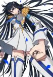  1girl angry black_hair blue_eyes blue_neckwear clenched_hands highres impossible_clothes junketsu kill_la_kill kiryuuin_satsuki long_hair parted_lips petals solo teeth urkt_10 very_long_hair 