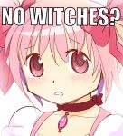  1girl bangs blush bow bow_choker choker commentary crown dreamaruu english_commentary english_text highres impact_(font) kaname_madoka looking_at_viewer mahou_shoujo_madoka_magica meme no_bitches?_(meme) pink_eyes pink_hair portrait puffy_short_sleeves puffy_sleeves red_bow red_choker short_sleeves short_twintails solo soul_gem twintails 