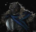  1boy absurdres animal_head armor blaidd_the_half-wolf blue_scarf breastplate brown_eyes cloak elden_ring fur_cloak furry furry_male heart highres looking_at_viewer male_focus scar scarf signature smile solo yen_(yenyenyen19) 