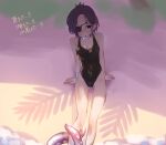  1girl breasts chrome_dokuro eyepatch groin highres katekyo_hitman_reborn one-piece_swimsuit open_mouth purple_hair sand shade short_hair solo sumibiya_yasain swimsuit tentacles tree violet_eyes water 