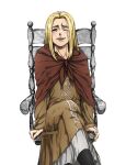  1girl blush brown_dress chair christa_renz crossed_legs daisx_(dais0115) dress feet_out_of_frame happy highres long_hair looking_at_viewer official_style on_chair one_eye_closed shingeki_no_kyojin sidelocks smile solo white_background 