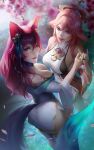  2girls ahri_(league_of_legends) animal_ears bangs bell breasts cherry_blossoms crossover detached_sleeves dutch_angle fox_ears fox_shadow_puppet fox_tail from_above genshin_impact hair_bell hair_ornament japanese_clothes kimono large_breasts league_of_legends long_hair looking_at_viewer low-tied_long_hair multiple_girls nontraditional_miko olesyaspitz pink_hair sideboob tail violet_eyes vision_(genshin_impact) yae_miko 