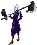  1girl axe bird boots braid character_request crow daisx_(dais0115) dress from_above highres holding holding_axe huge_weapon jujutsu_kaisen knee_boots light_blue_hair long_hair looking_at_viewer multiple_braids over_shoulder purple_dress smile solo weapon weapon_over_shoulder white_background 