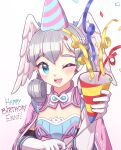  1girl arclumx birthday blue_eyes breasts cape eyebrows_visible_through_hair gloves hat head_wings melia_antiqua open_mouth party_hat silver_hair simple_background small_breasts solo white_gloves wings xenoblade_chronicles xenoblade_chronicles_(series) 