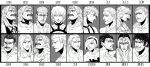  6+boys amou_shinobu ash_crimson bangs beard cheetahq closed_mouth commentary copyright_name duke_(kof) facial_hair fatal_fury fighter&#039;s_history freckles geese_howard goenitz greyscale hair_over_one_eye hairband headband highres igniz_(kof) jivatma kof:_maximum_impact krizalid magaki_(kof) male_focus maximum_impact_ii mizoguchi_makoto monochrome mukai_(kof) multiple_boys mustache omega_rugal one_eye_covered orochi_(kof) rugal_bernstein serious short_hair smile teeth the_king_of_fighters the_king_of_fighters_&#039;94 the_king_of_fighters_&#039;95 the_king_of_fighters_&#039;96 the_king_of_fighters_&#039;97 the_king_of_fighters_&#039;98 the_king_of_fighters_&#039;99 the_king_of_fighters_2000 the_king_of_fighters_2001 the_king_of_fighters_2002 the_king_of_fighters_2003 the_king_of_fighters_ex the_king_of_fighters_ex2 the_king_of_fighters_neowave the_king_of_fighters_xi the_king_of_fighters_xiii younger zero_(kof) 