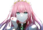  1girl absurdres bangs blue_eyes closed_mouth floating_hair hair_between_eyes hairband highres long_hair looking_at_viewer megurine_luka pink_hair portrait simple_background solo vocaloid white_background y6m9e_kasabuta yellow_hairband 
