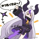  &gt;_&lt; 1girl :3 ahoge bangs black_dress blush closed_eyes closed_mouth commentary_request demon_horns dress dutch_angle eyebrows_visible_through_hair grey_hair hand_on_hip hololive horns la+_darknesss long_hair long_sleeves mitya outstretched_arm purple_legwear simple_background single_thighhigh sleeves_past_wrists solo standing tail thigh-highs thumbs_up translation_request twitter_username very_long_hair virtual_youtuber white_background wide_sleeves 