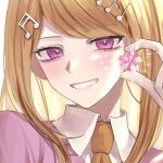  1girl akamatsu_kaede bangs blonde_hair collared_shirt danganronpa_(series) danganronpa_v3:_killing_harmony eyebrows_visible_through_hair flower grin hair_ornament hand_up highres holding long_hair musical_note_hair_ornament necktie pink_eyes pink_flower pink_vest porary shirt smile sparkle teeth vest 