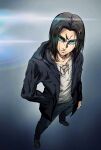  1boy absurdres angry black_coat brown_hair coat cross-laced_slit daisx_(dais0115) eren_yeager foreshortening frown full_body glowing glowing_eyes green_eyes hand_in_pocket highres hood hood_down light long_hair looking_at_viewer looking_up male_focus official_style open_clothes open_coat pants perspective shingeki_no_kyojin shiny shiny_hair shirt solo staring thick_eyebrows white_shirt 