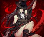  1other androgynous ascot asymmetrical_sleeves bare_shoulders black_hair black_headwear blood boots buttons fingerless_gloves gloves guilty_gear guilty_gear_strive hat holding holding_weapon long_hair red_eyes scythe skull talgi testament_(guilty_gear) top_hat weapon 
