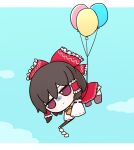  1girl ascot balloon bloomers blue_sky bow brown_eyes brown_footwear brown_hair character_doll clouds collar detached_sleeves doll floating frilled_hair_tubes frills fumo_(doll) gohei hair_bow hair_tubes hakurei_reimu medium_hair nontraditional_miko red_bow red_eyes red_shirt red_skirt rei_(tonbo0430) ribbon-trimmed_sleeves ribbon_trim shirt sidelocks skirt skirt_set sky sleeveless solo touhou underwear white_collar yellow_ascot 