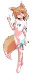  1girl alphes_(style) animal_ears bangs blonde_hair bow crossed_legs crying dairi eyebrows_visible_through_hair eyes_visible_through_hair fox_ears fox_shadow_puppet fox_tail full_body green_bow green_ribbon hair_between_eyes hand_up kudamaki_tsukasa looking_to_the_side neck_ribbon open_mouth parody ribbon romper short_hair short_sleeves socks solo standing style_parody tachi-e tail tears touhou transparent_background watson_cross white_legwear white_romper white_sleeves yellow_eyes 