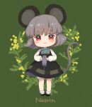  1girl :3 animal animal_ears bangs black_dress black_footwear blue_capelet capelet character_name closed_mouth dress eyebrows_visible_through_hair full_body green_background grey_hair holding holding_animal iris_anemone jewelry long_sleeves looking_at_viewer mouse mouse_ears mouse_girl nazrin pendant red_eyes short_eyebrows short_hair simple_background smile standing touhou white_legwear 