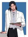  1boy alternate_costume belt black_belt black_eyes black_hair black_pants blue_background blue_necktie boku_no_hero_academia book border collared_shirt commentary_request cowboy_shot eraser_head_(boku_no_hero_academia) facial_hair grey_shirt hand_on_table highres holding holding_book labcoat layered_sleeves long_hair long_sleeves looking_at_viewer male_focus necktie open_book outside_border pants parted_lips pocket ponytail rnuyvm scar scar_on_cheek scar_on_face shirt solo standing stubble teeth white_border 