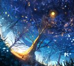  1girl bare_tree bubble commentary dress fish flying_fish flying_whale full_moon grass halo highres leaf medium_hair moon original outdoors rinneko_(rinne_paint) scenery seashell shell silhouette sky solo star_(symbol) tree whale wide_shot 